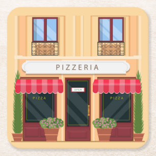 Italian Pizzeria Open for Business Square Paper Coaster