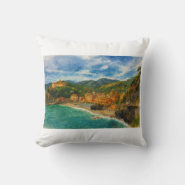 Italian Positano Coastal Village Watercolor Art Cushion