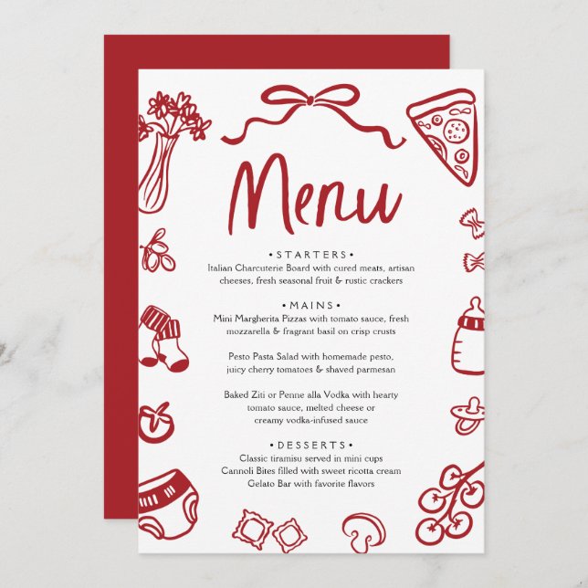 Italian Red Hand Drawn Pizza Baby Shower Menu Invitation (Front/Back)