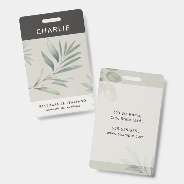 Italian Restaurant Olive Leaf Staff Name ID Badge (Front & Back)