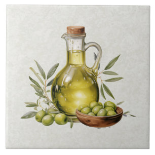 Italian Rustic Tuscany Olive Oil Bottle Watercolor Tile