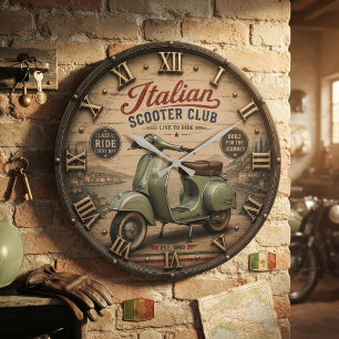 Italian Scooter Club Vintage Vespa Style Scooter Large Clock