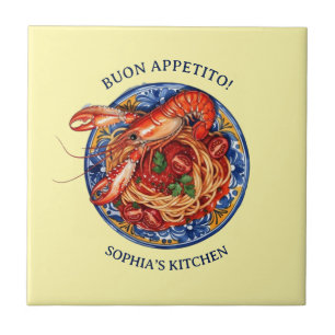 Italian Seafood Lobster Pasta, Sicilian Maiolica Tile