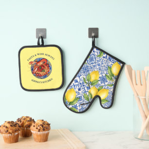 Italian Seafood Pasta & Wine Sicilian Art Oven Mitt & Pot Holder Set