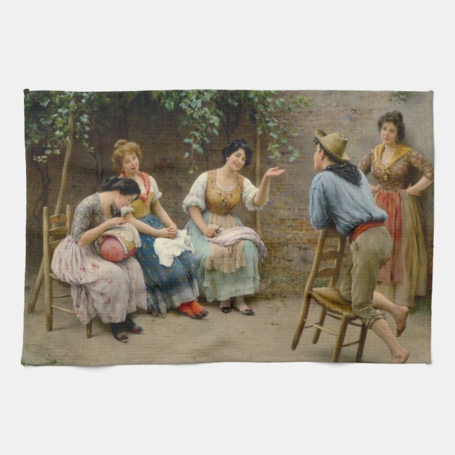 Italian Seamstresses and a Boy Having a Good Chat Tea Towel (Horizontal)