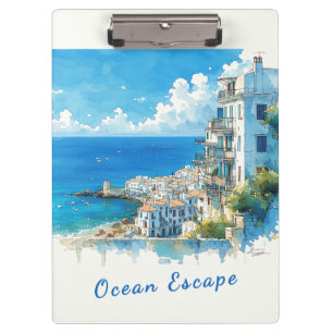 Italian Seaside Town Watercolor Ocean Escape Clipboard