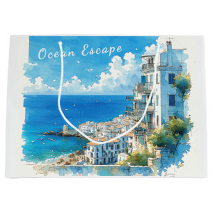 Italian Seaside Town Watercolor Ocean Escape Large Gift Bag