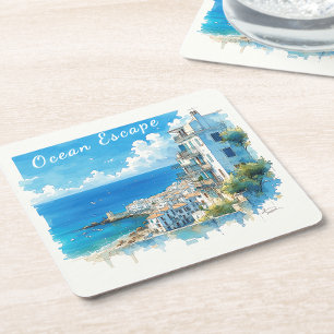 Italian Seaside Town Watercolor Ocean Escape Square Paper Coaster