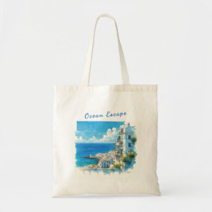 Italian Seaside Town Watercolor Ocean Escape Tote Bag