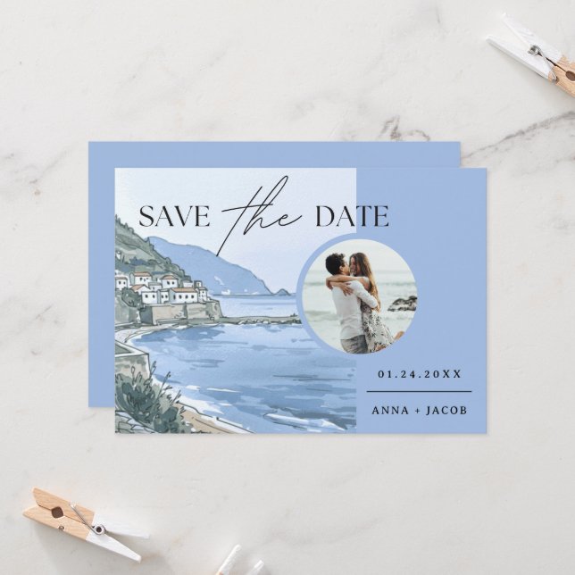 Italian Seaside with Photo Save the Date Wedding Invitation (Front/Back In Situ)