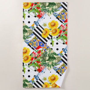Italian,Sicilian art,patchwork,summer Flowers Beach Towel