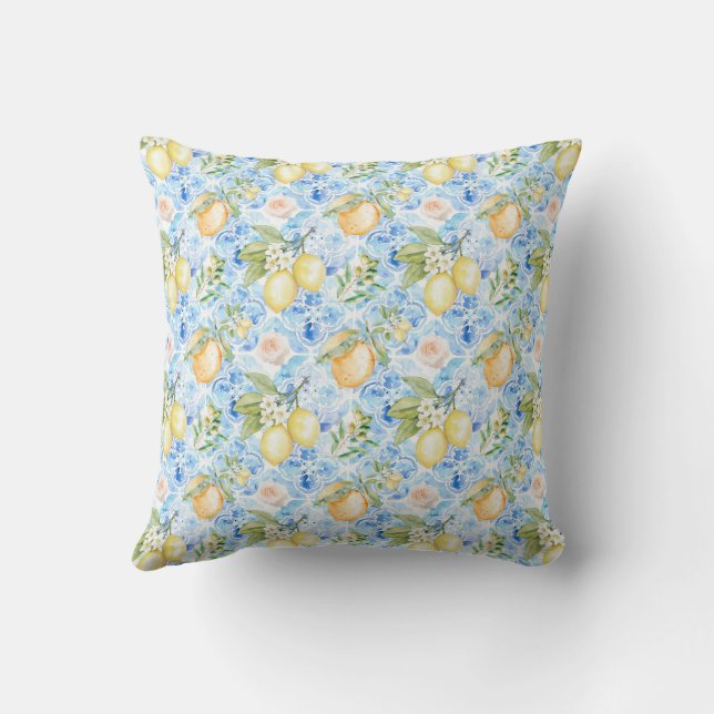 Italian Sicilian Blue Tile Yellow Lemon Watercolor Cushion (Back)