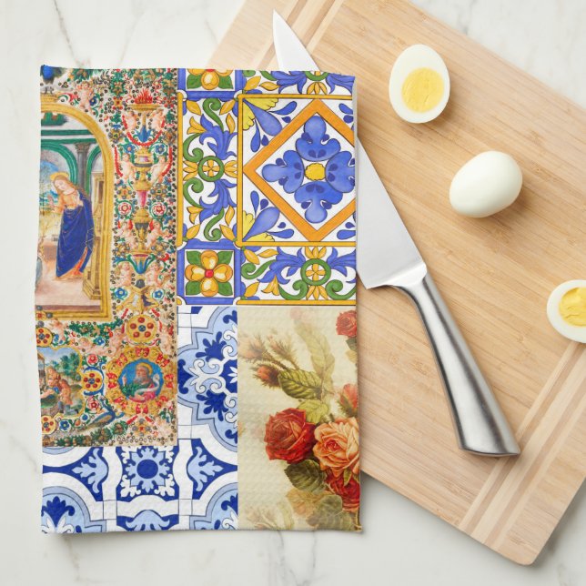 Italian,Sicilian,holy Mary,Virgin Mary,maiolica Tea Towel (Quarter Fold)