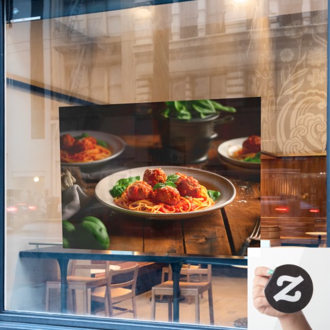 Italian Spaghetti Pasta Meatballs Tomato Sauce Window Cling (Cafe Window)