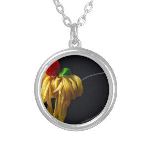 Italian Spaghetti Pasta Tomato Noodle Silver Plated Necklace
