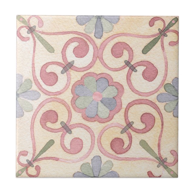 Italian Spanish Majolica Mediterranean Floral Pink Tile (Front)