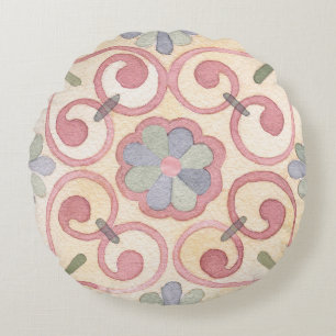 Italian Spanish Majolica Pink Floral Watercolor Round Cushion