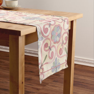 Italian Spanish Majolica Pink Floral Watercolor  Short Table Runner