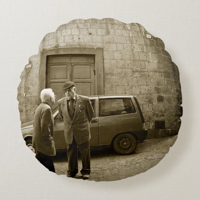 Italian street scene in sepia round throw pillow (Front)