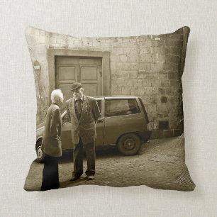 Italian street scene in sepia square throw pillow