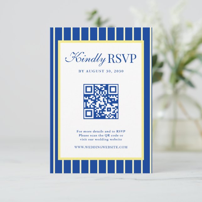Italian Striped Blue & Yellow Wedding QR Code RSVP Card (Standing Front)