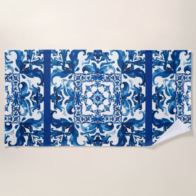 Italian style,Mediterranean,mosaic,blue, Beach Towel (Front)