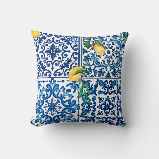 Italian style,Mediterranean,mosaic,blue,lemon, Cushion (Front)