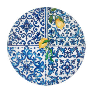 Italian style,Mediterranean,mosaic,blue,lemon, Cutting Board