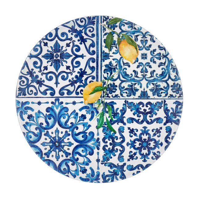 Italian style,Mediterranean,mosaic,blue,lemon, Cutting Board (Front)