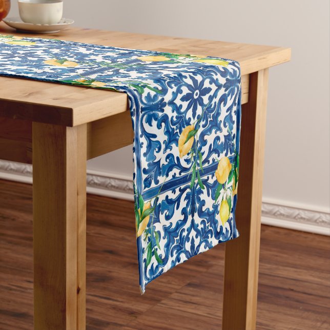 Italian style,Mediterranean,mosaic,blue,lemon, Medium Table Runner (In Situ)