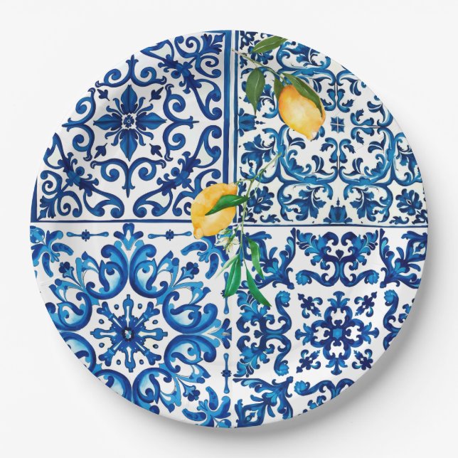 Italian style,Mediterranean,mosaic,blue,lemon, Paper Plate (Front)