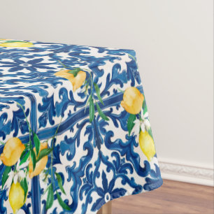 Italian style,Mediterranean,mosaic,blue,lemon, Tablecloth