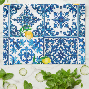Italian style,Mediterranean,mosaic,blue,lemon, Tea Towel