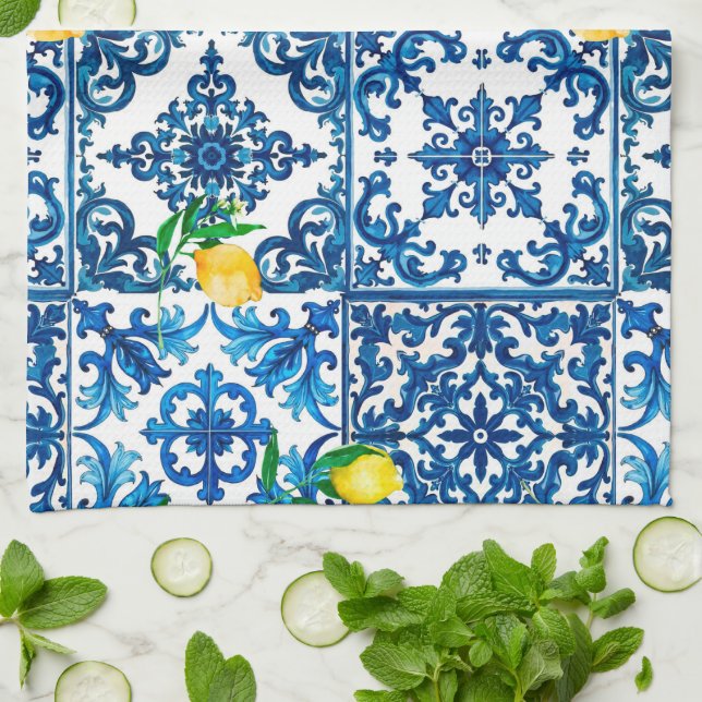 Italian style,Mediterranean,mosaic,blue,lemon, Tea Towel (Folded)