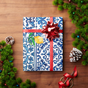 Italian style,Mediterranean,mosaic,blue,lemon, Wrapping Paper