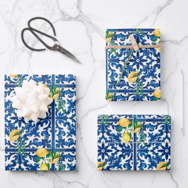 Italian style,Mediterranean,mosaic,blue,lemon, Wrapping Paper Sheet (Front)
