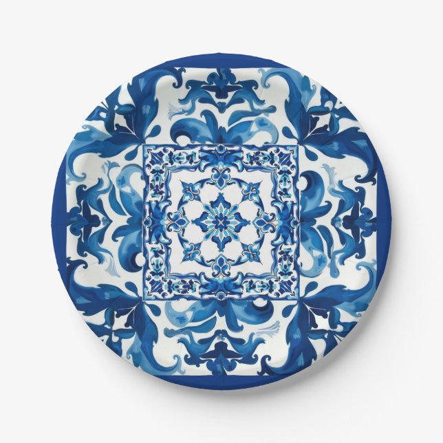Italian style,Mediterranean,mosaic,blue, Paper Plate (Front)