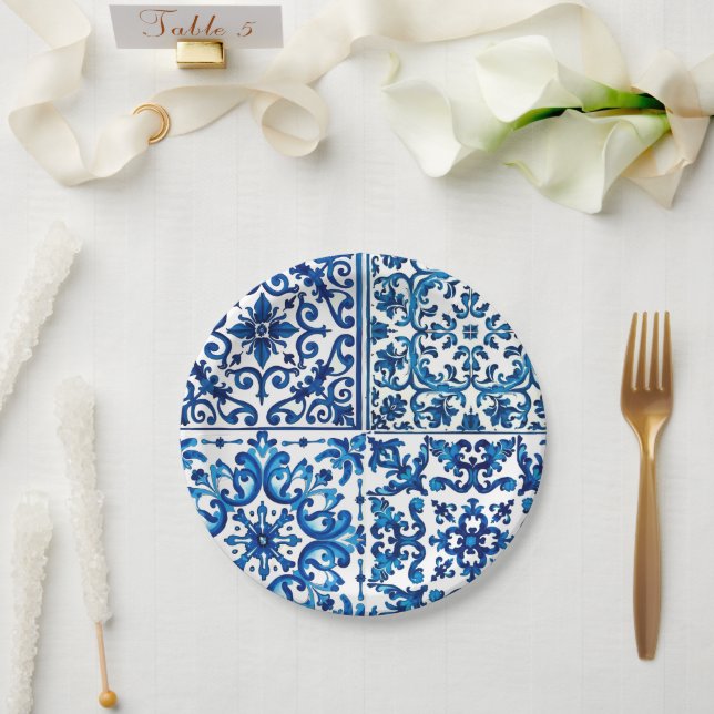 Italian style,Mediterranean,mosaic,blue, Paper Plate (Wedding)