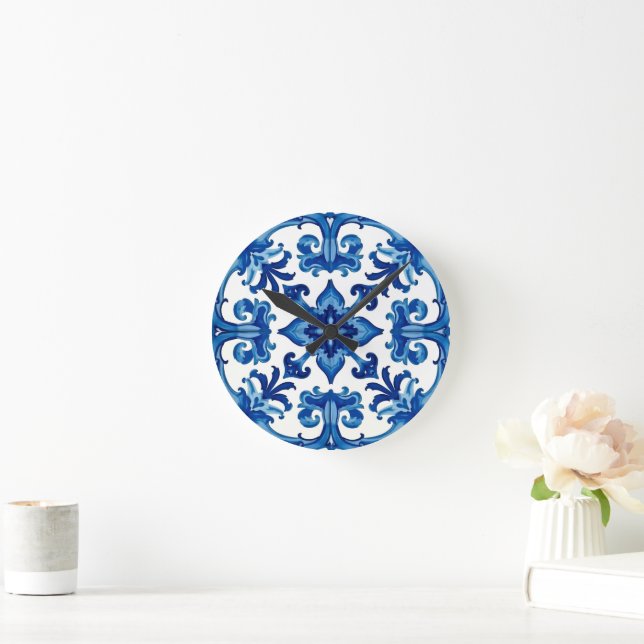 Italian style,Mediterranean,mosaic,blue, Round Clock (Home)