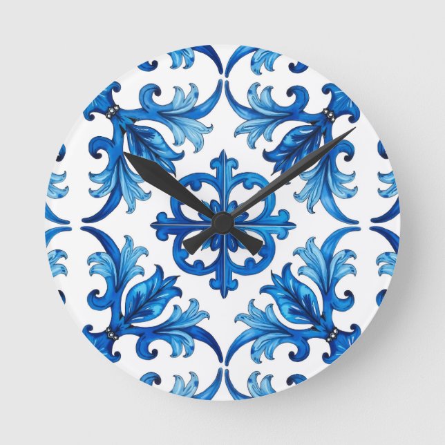 Italian style,Mediterranean,mosaic,blue, Round Clock (Front)