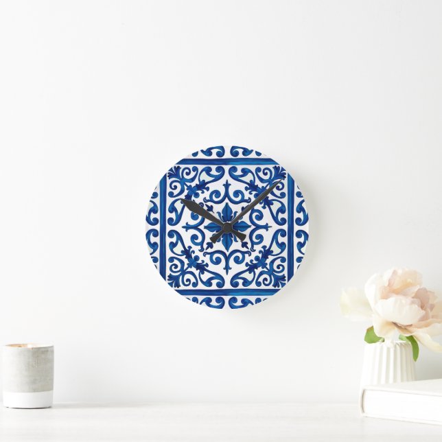 Italian style,Mediterranean,mosaic,blue, Round Clock (Home)