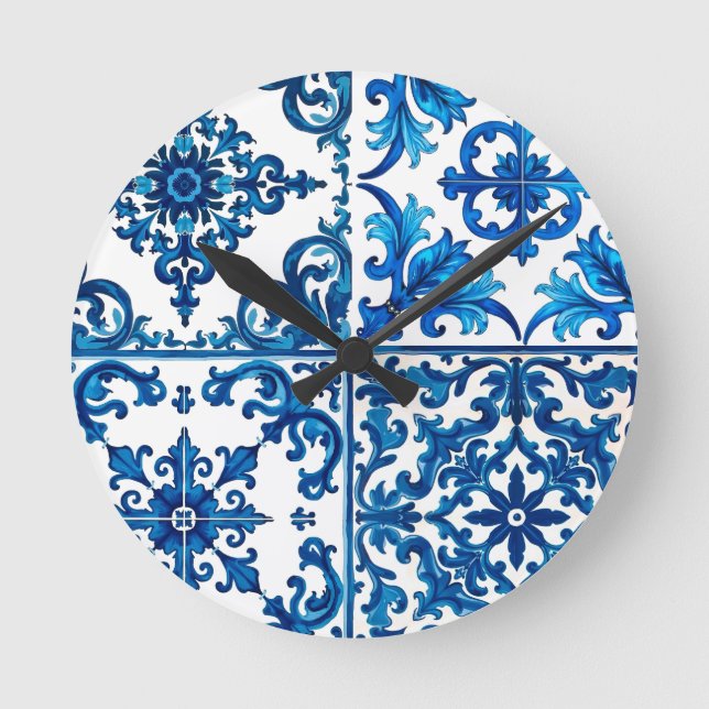Italian style,Mediterranean,mosaic,blue, Round Clock (Front)