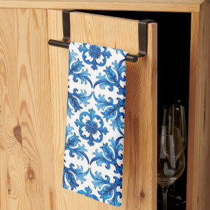 Italian style,Mediterranean,mosaic,blue, Tea Towel