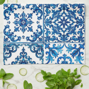 Italian style,Mediterranean,mosaic,blue, Tea Towel