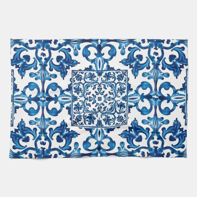 Italian style,Mediterranean,mosaic,blue, Tea Towel (Horizontal)