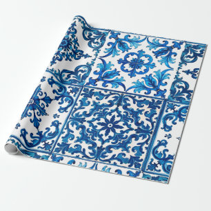 Italian style,Mediterranean,mosaic,blue, Wrapping Paper