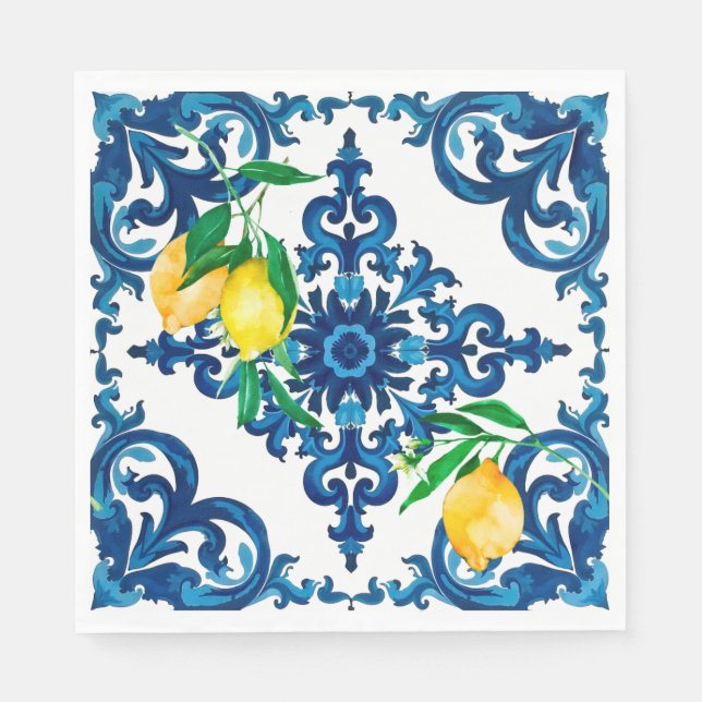 Italian style,mosaic,blue,lemon, napkin (Front)