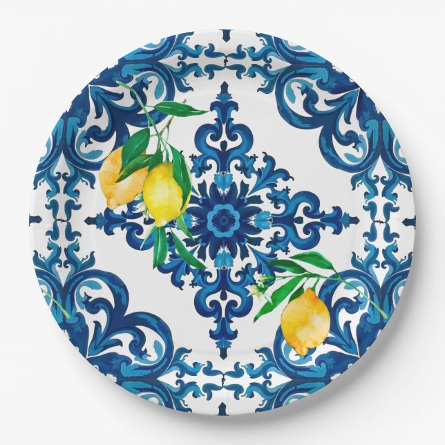 Italian style,mosaic,blue,lemon, paper plate (Front)