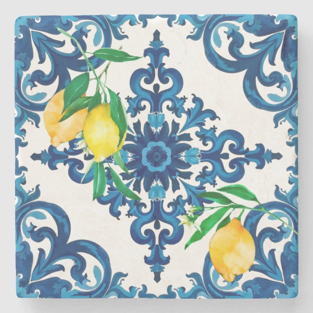 Italian style,mosaic,blue,lemon, stone coaster (Front)