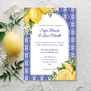 Italian Summer Amalfi Lemon Blue Tile Wedding Invitation